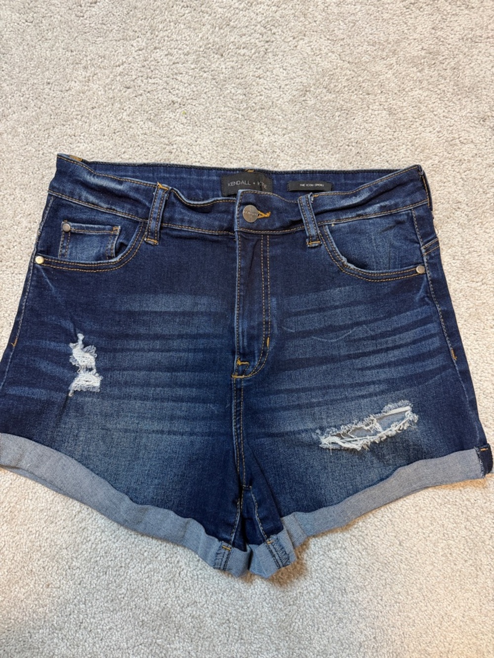 Kendall & Kylie The Icon Dark Distressed Roll-Hem Jean Shorts